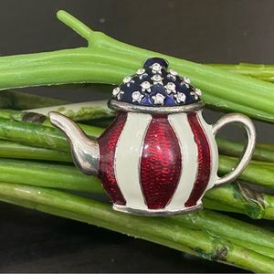 2009 AD Patriotic July 4th Enameled Tea Kettle Tea Party Brooch